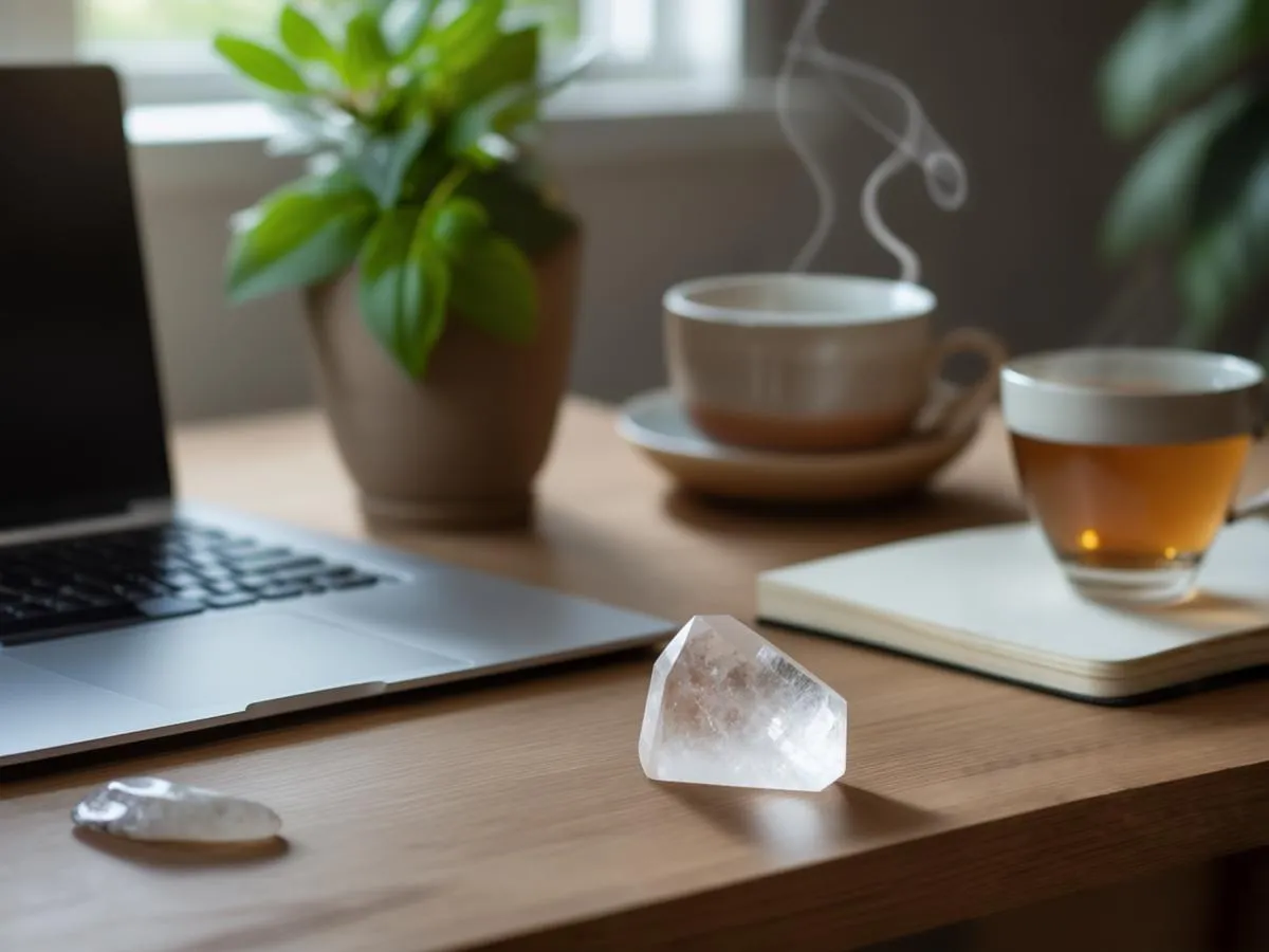Arbetsbord med laptop, te, kristall och växt.