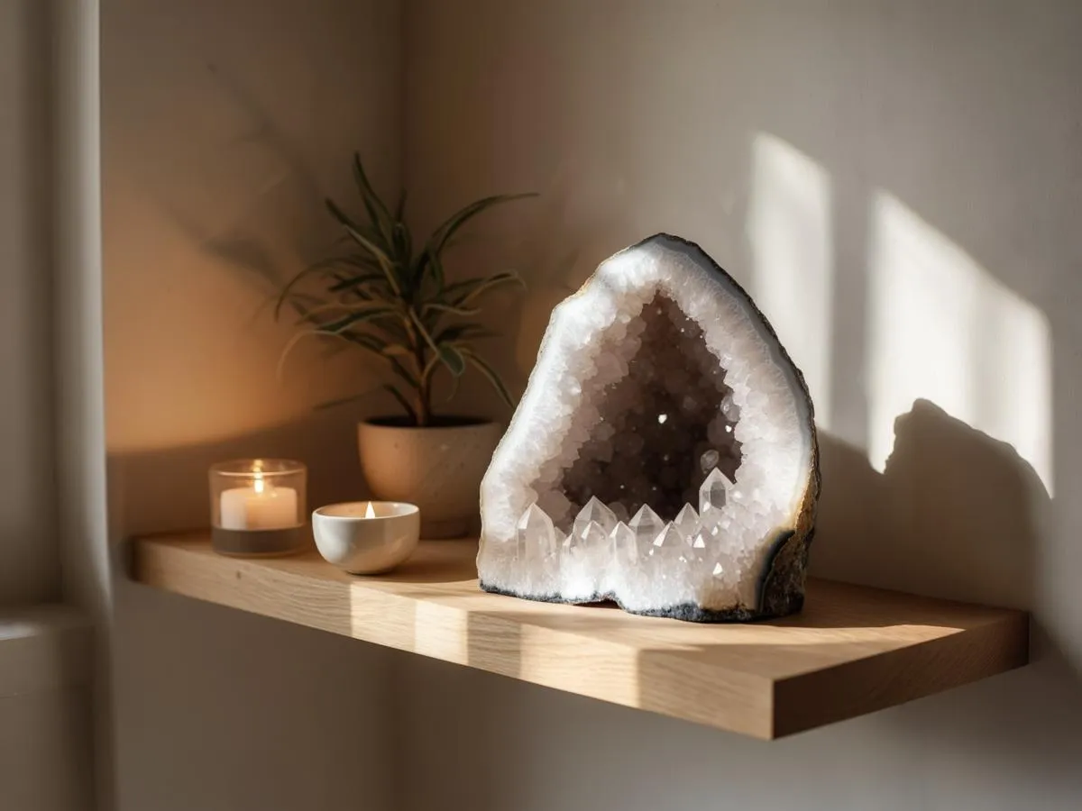 Geode och ljus på hylla i solnedgång.