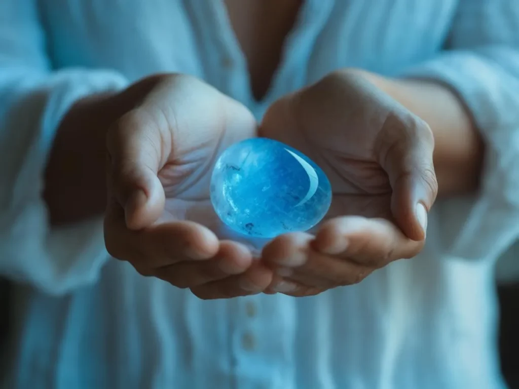 Hand håller blå kristall i solljus.