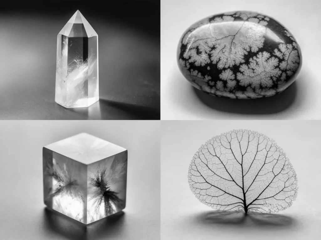 Svartvit bild av kristaller och lövverk.