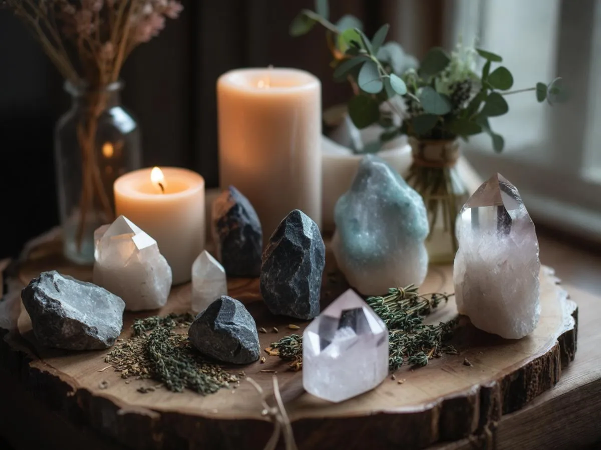 Kristaller och ljus på träbord