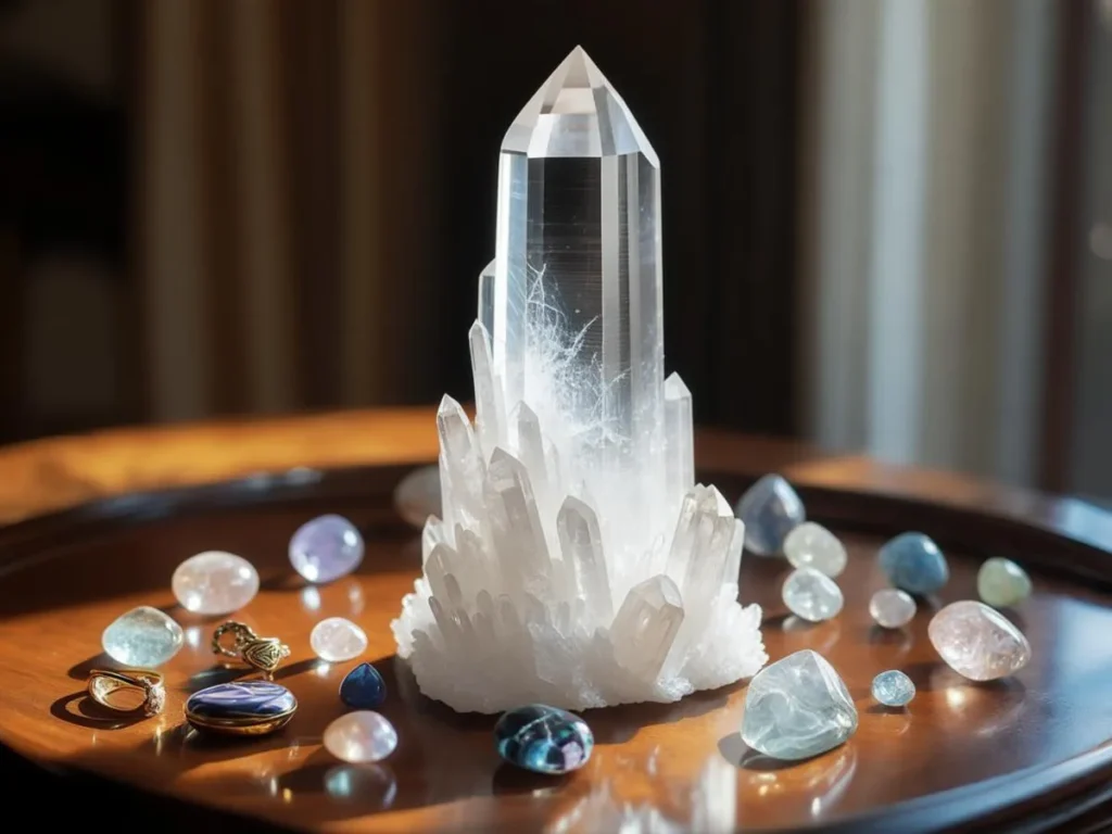 Kristall med färgglada stenar på träbord.