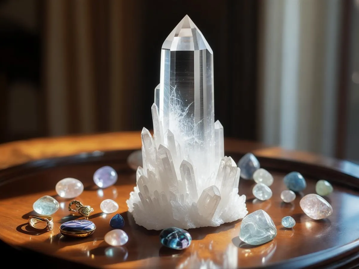 Kristall med färgglada stenar på träbord.