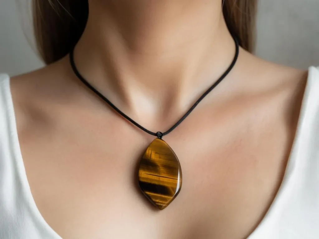 Halsband med brunt hänge på kvinna