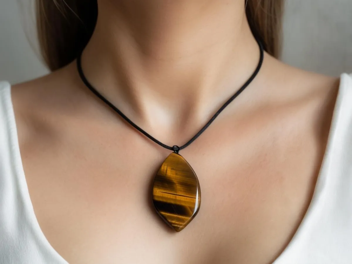 Halsband med brunt hänge på kvinna