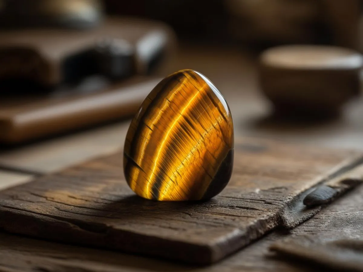 Tigeröga sten på träbord.