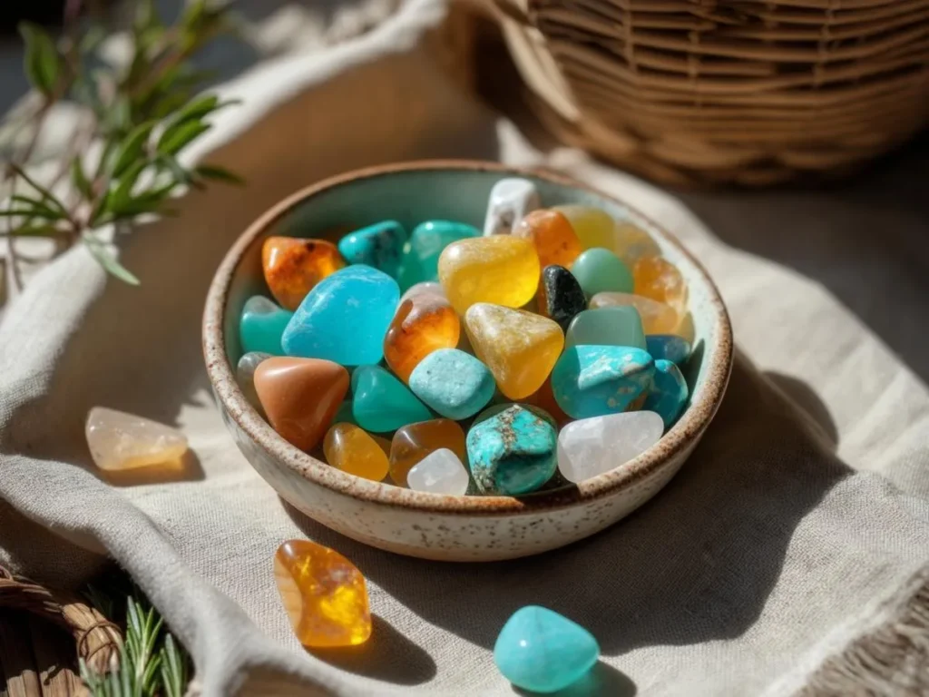 Färgade stenar i en skål, solbelyst.