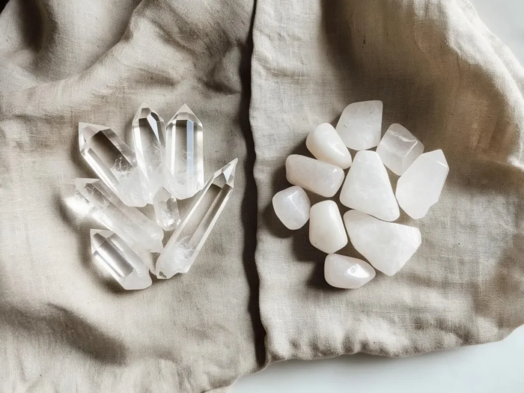 Kristaller och stenar på tygduk