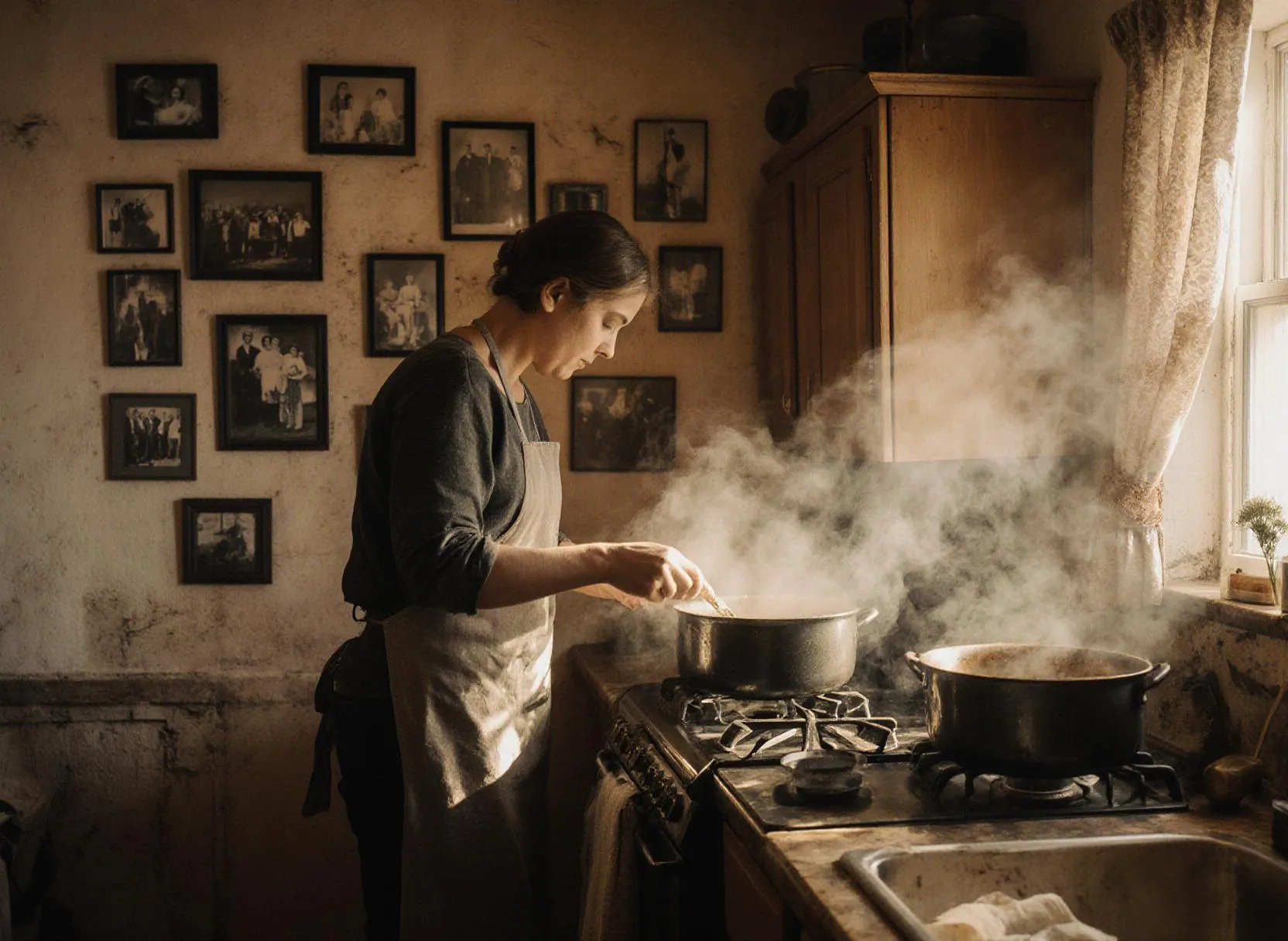 Kvinna lagar mat i gammaldags kök med rök.