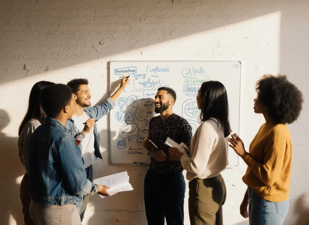 Gruppdiskussion vid whiteboard i mötesrum