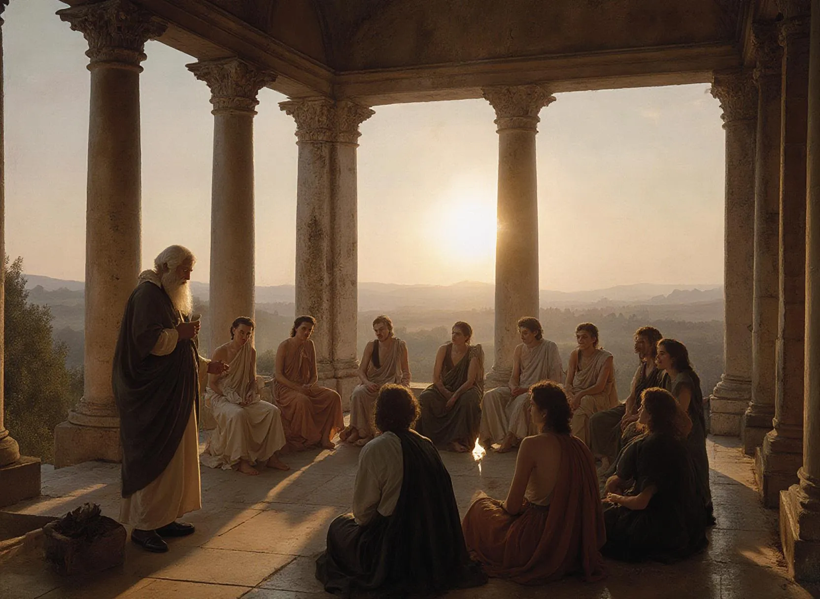 Lektion utomhus på antik plats under solnedgången.