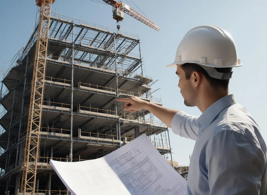 Byggnadsingenjör inspekterar byggarbetsplats med ritningar