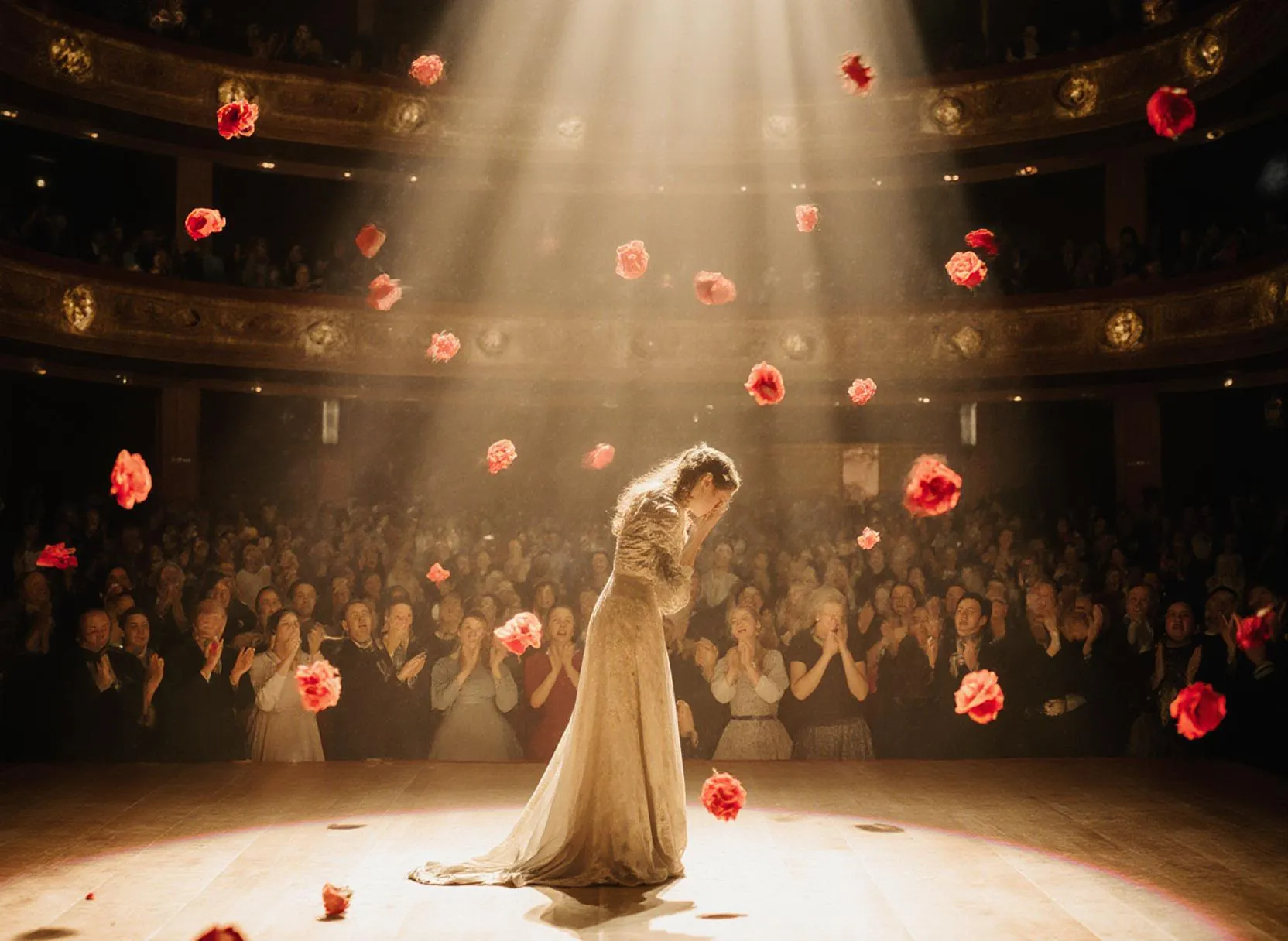 Artist bugar, får applåder och rosor på scenen.