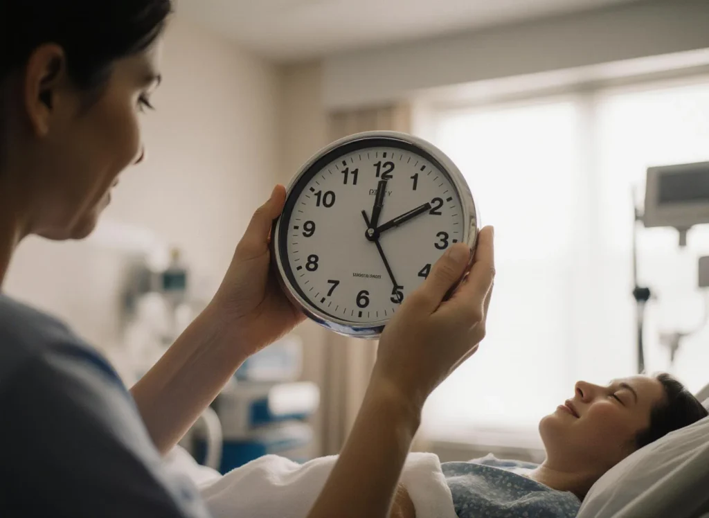 Sjuksköterska håller klocka hos patient på sjukhus.