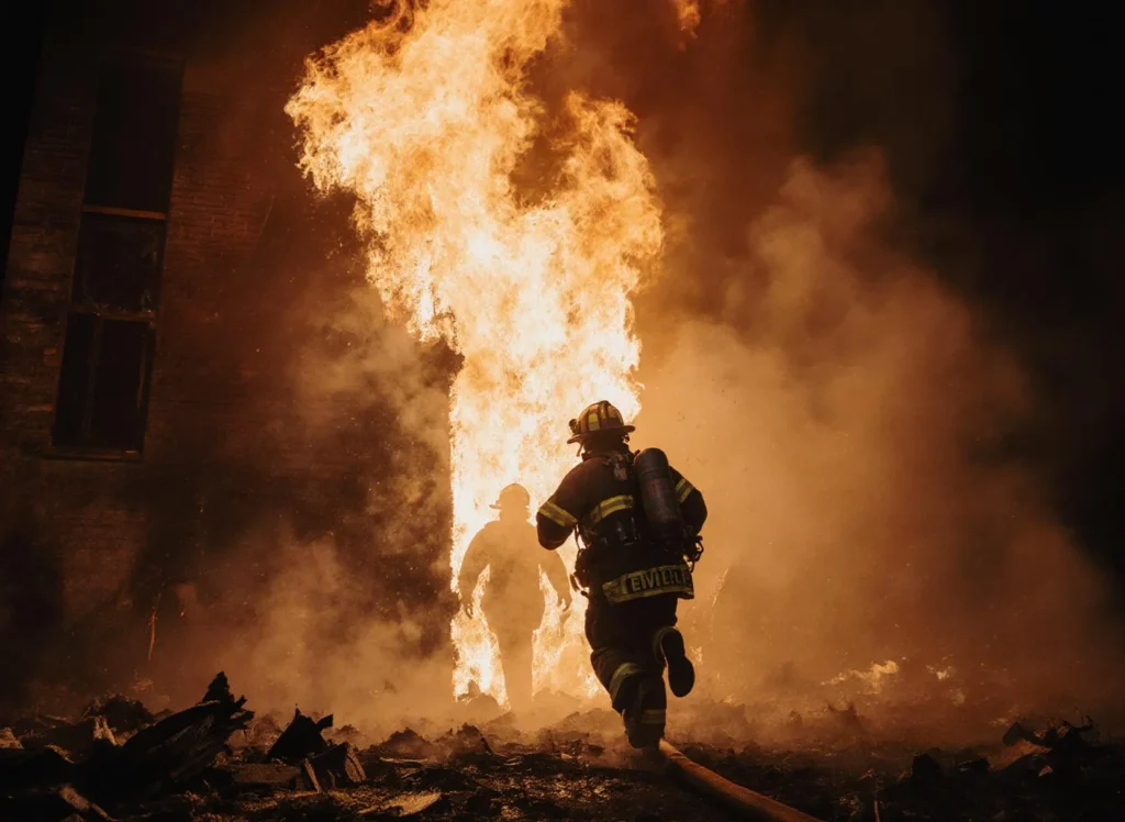 Brandmän bekämpar eldsvåda i brinnande byggnad.