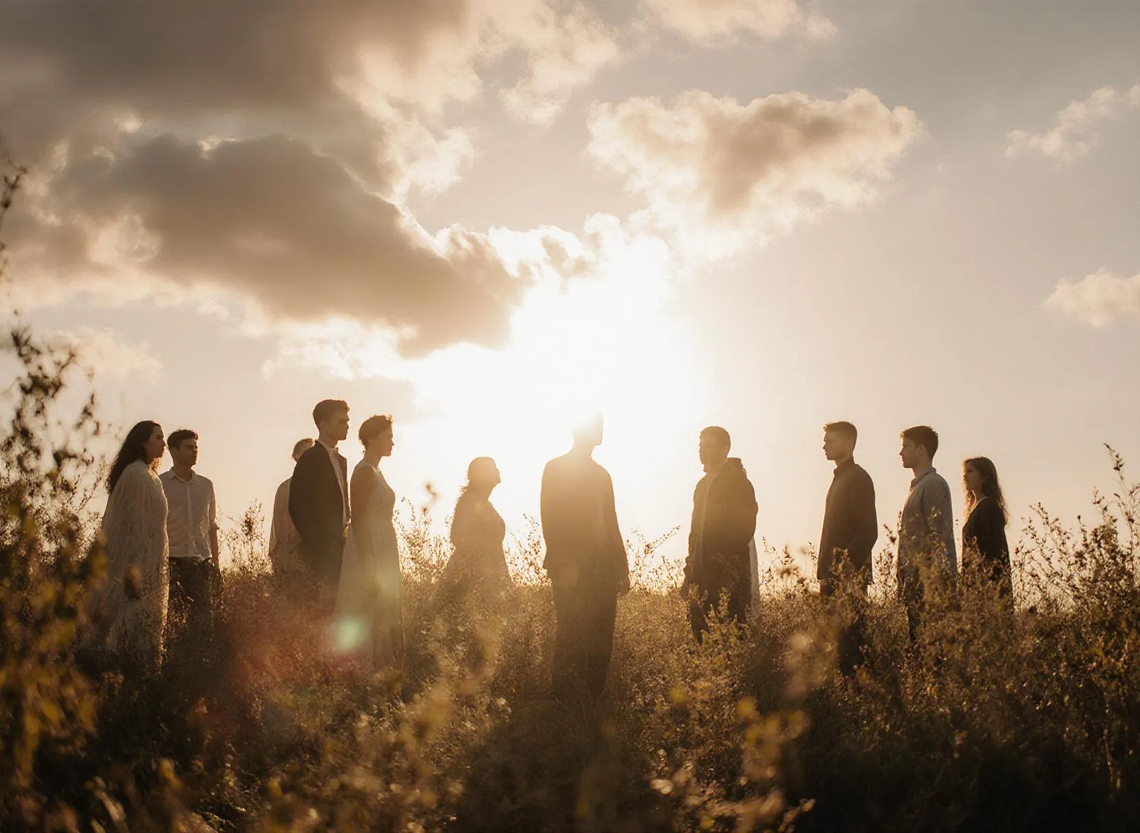 Grupp människor vid solnedgång på en äng