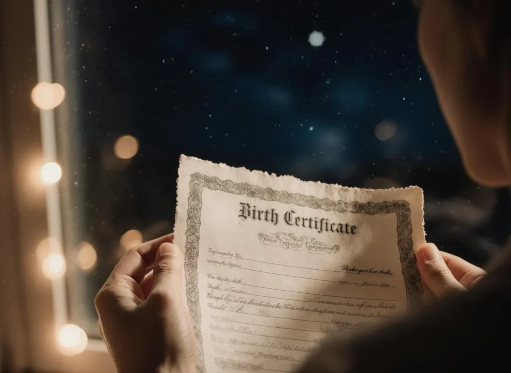 Händer som håller ett födelsebevis vid fönster