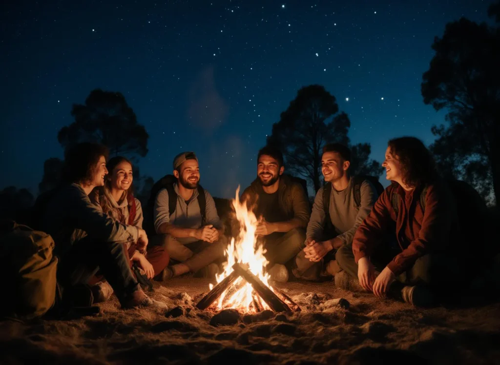 Vänner samlade runt lägereld under stjärnklar natt.