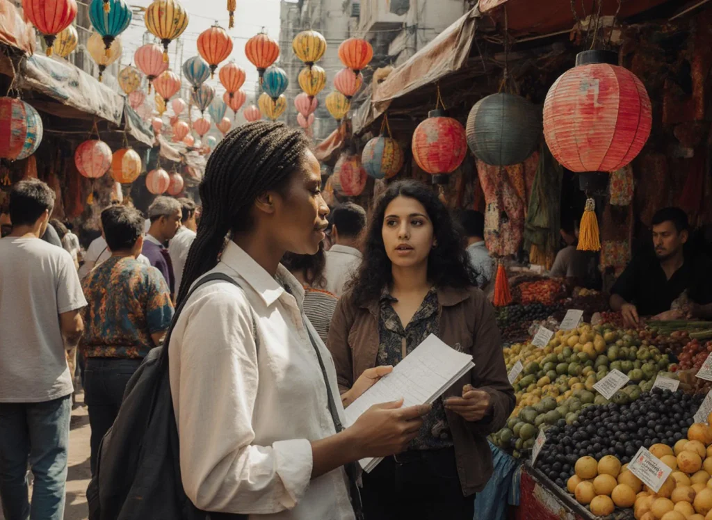 Färgglad asiatisk marknad med att handla och samtala.