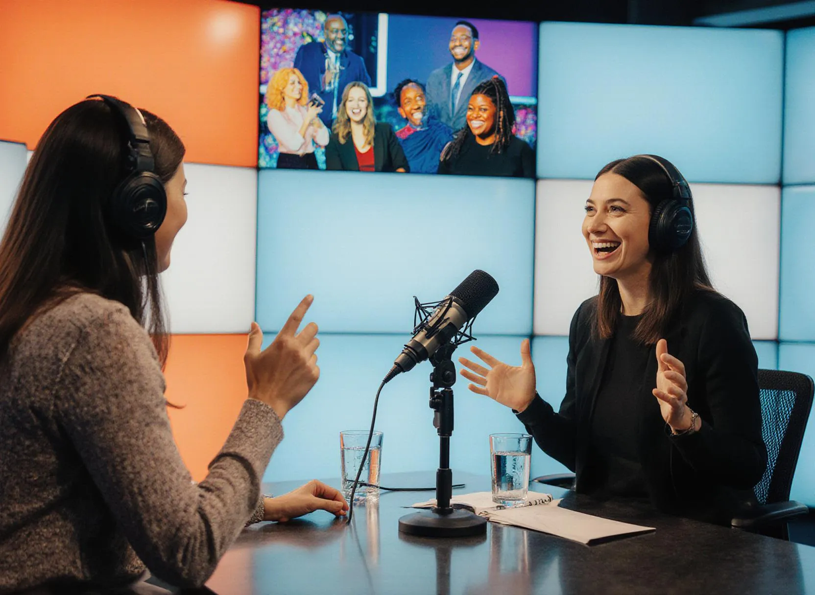 Två kvinnor spelar in podcast i en studio.