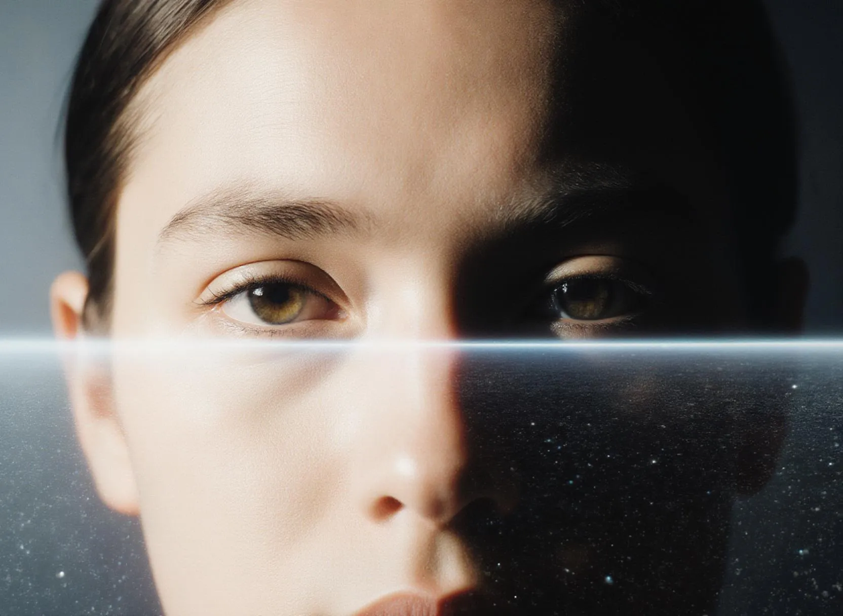 Närbild av ansikte med futuristisk ljuseffekt.