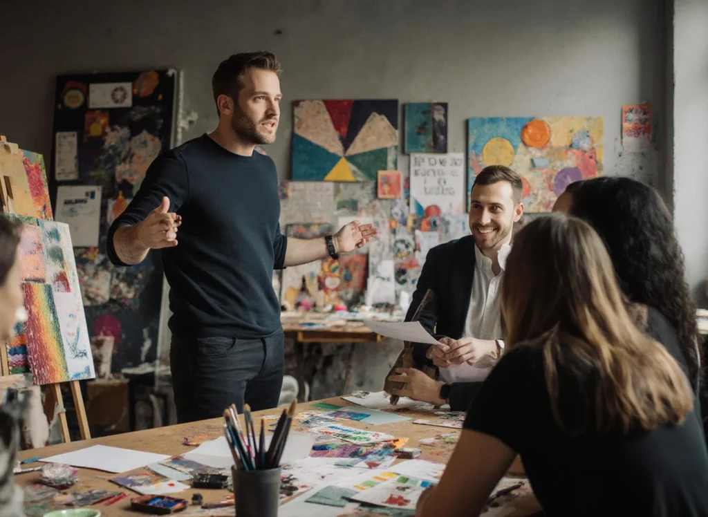 Konstnärlig workshop med engagerade deltagare diskuterar idéer.