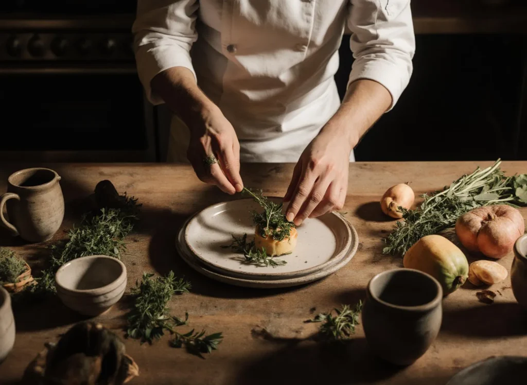Kock dekorerar maträtt med färska örter på tallrik.