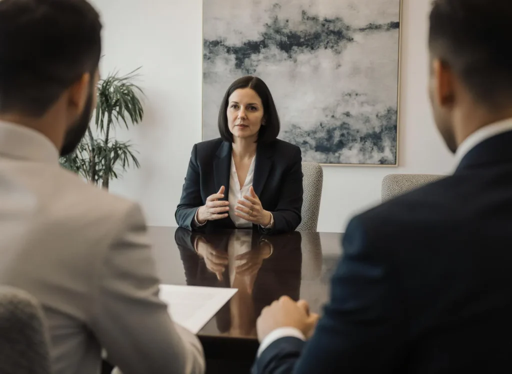 Affärsmöte mellan tre personer på kontor.
