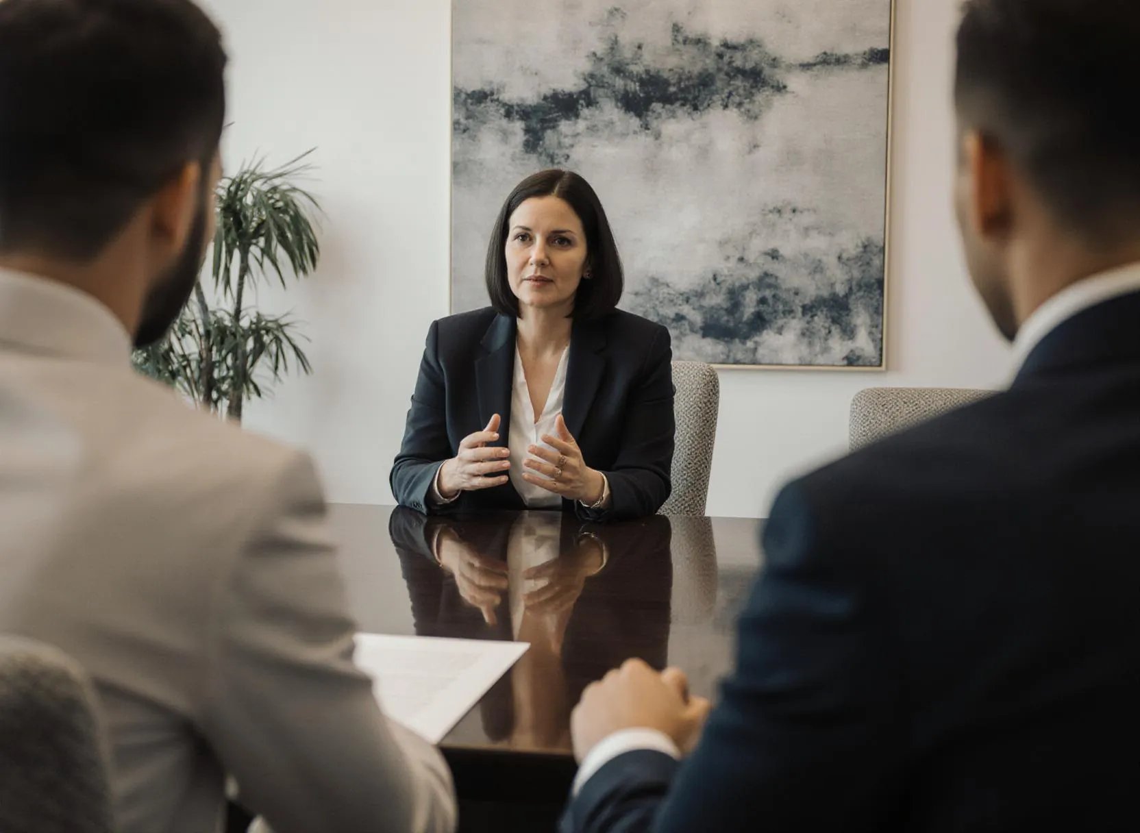 Affärsmöte mellan tre personer på kontor.