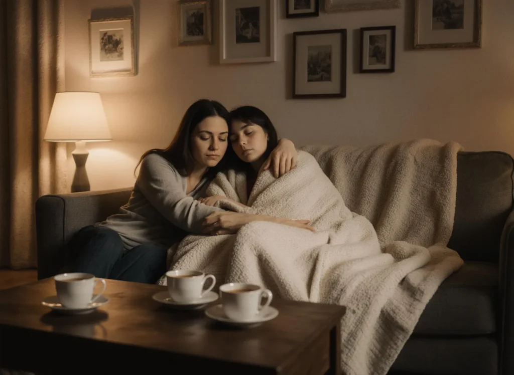 Två personer kramas på soffa under filt.