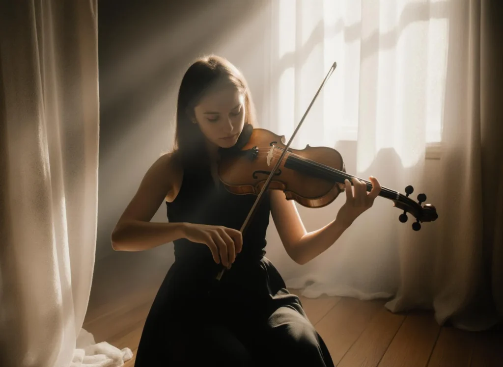 Ung kvinna spelar fiol i solbelyst rum