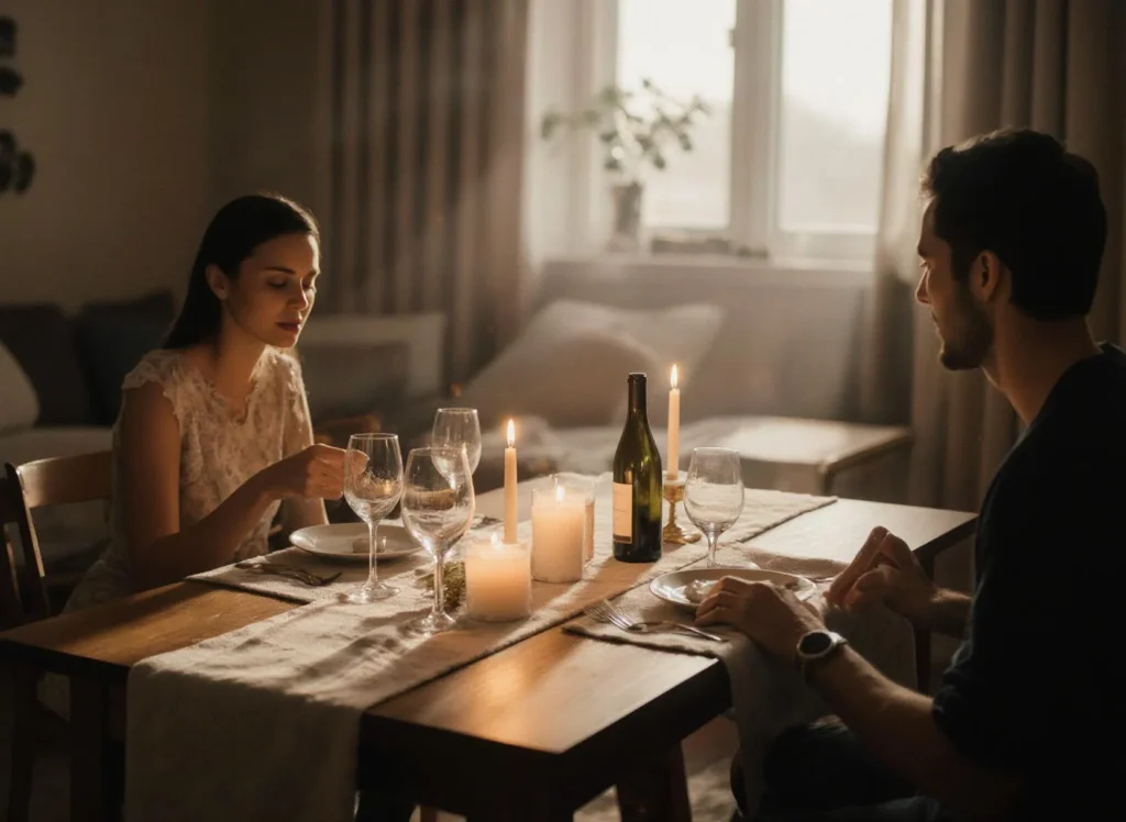 Parmiddag vid stearinljus, romantisk atmosfär.