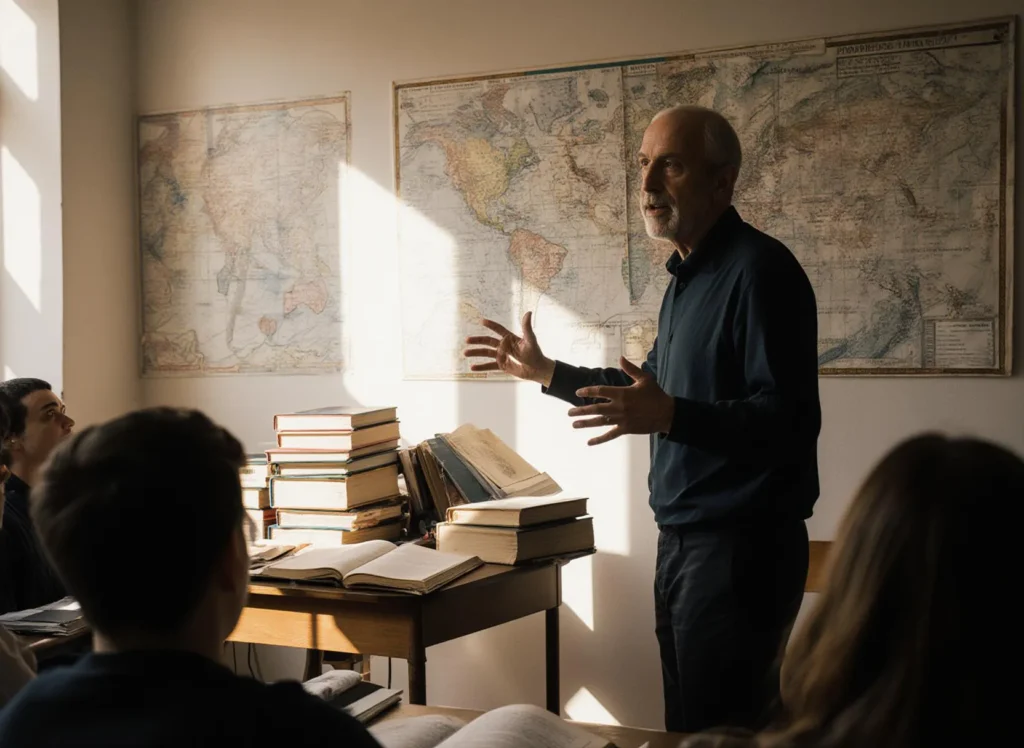 Lärare undervisar elever med kartor och böcker.