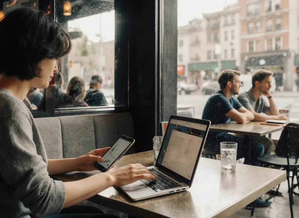 Kvinna arbetar på café med telefon och laptop.