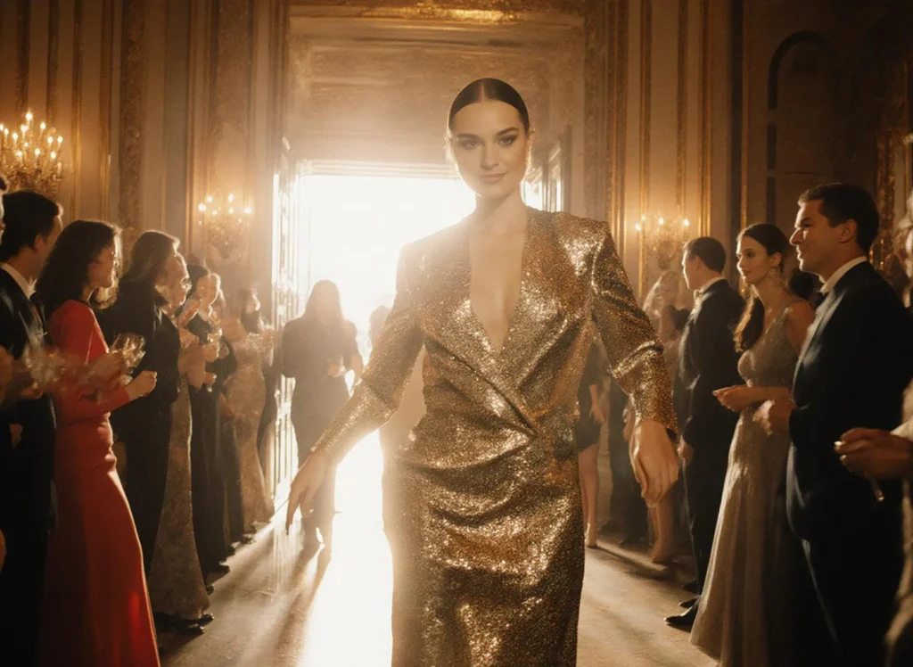 Kvinna i glittrig klänning på fest