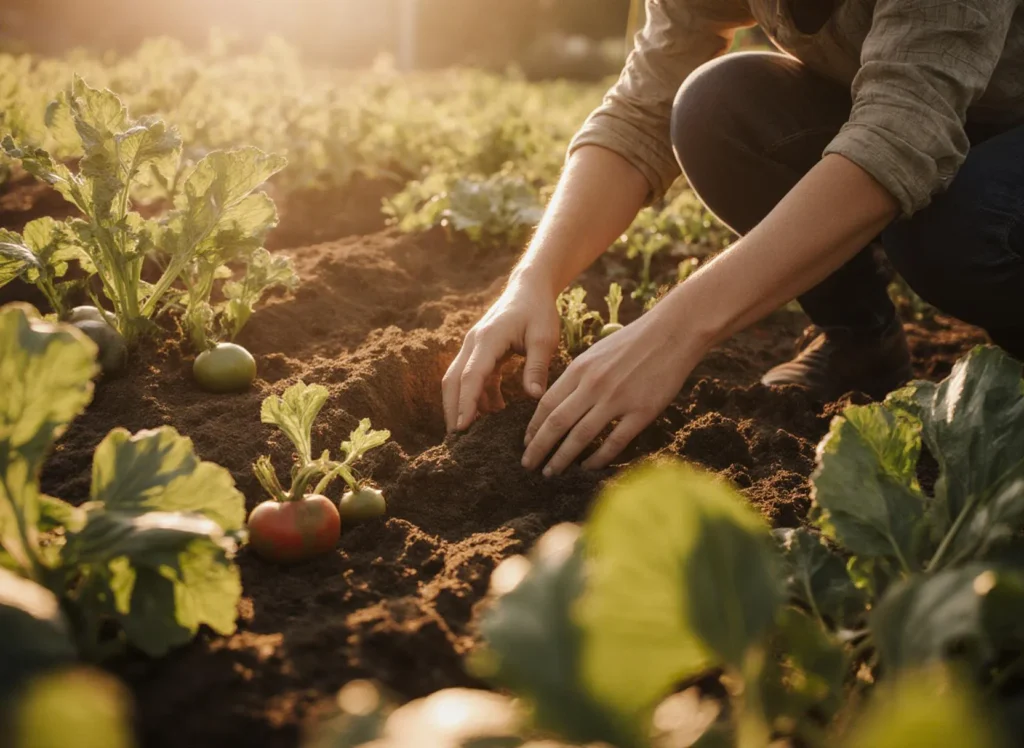 Person planterar grönsaker i trädgårdsland.