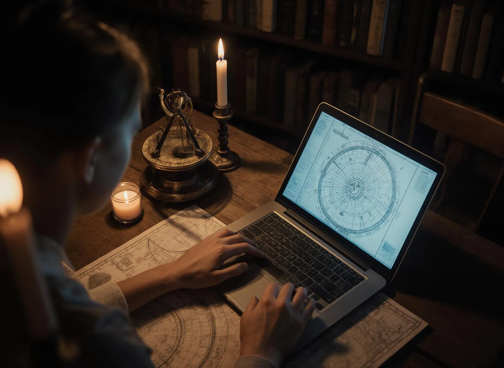 Studerar astrologisk karta vid stearinljus
