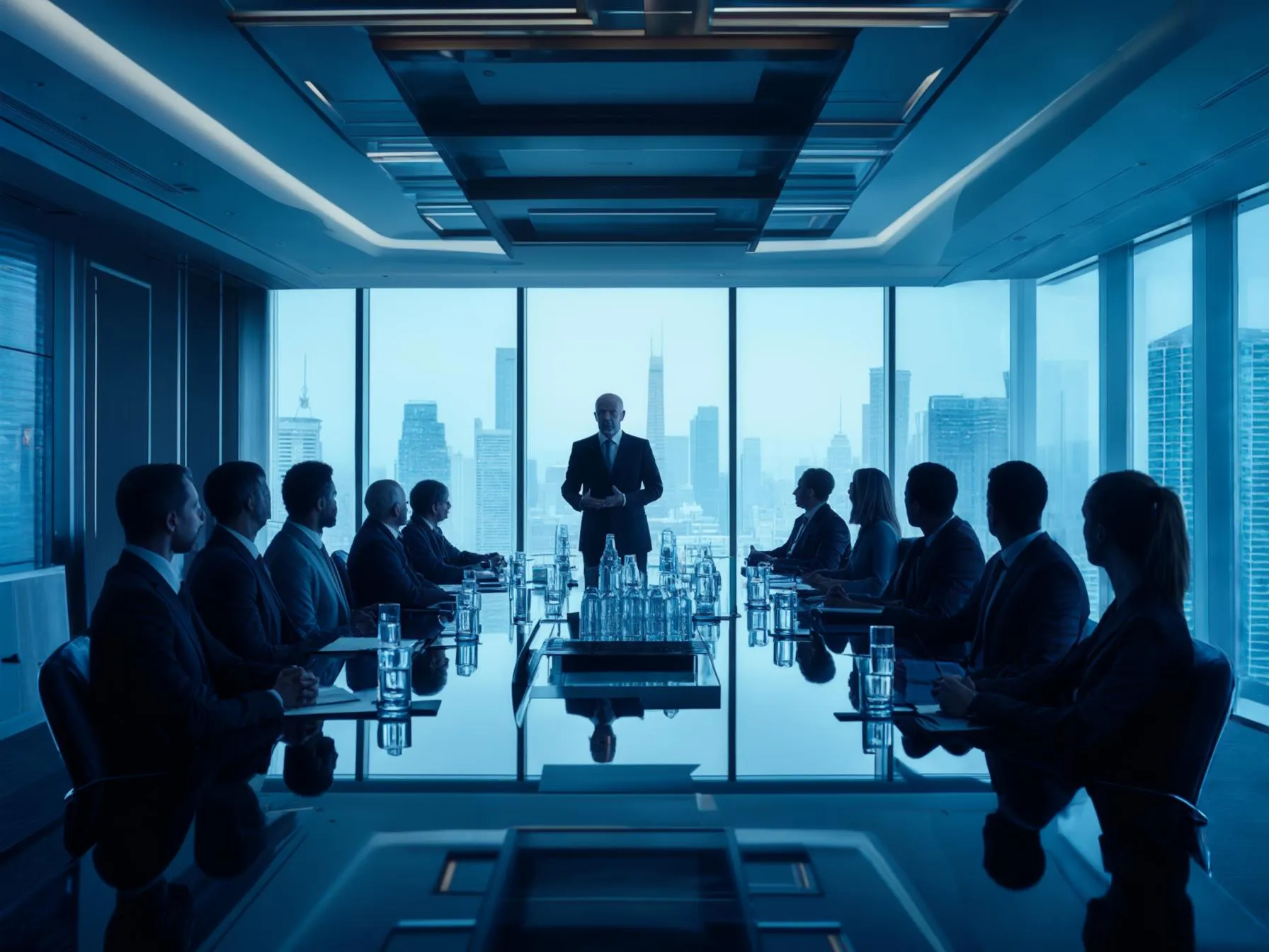 Affärsmöte i modernt kontor med stadsvy