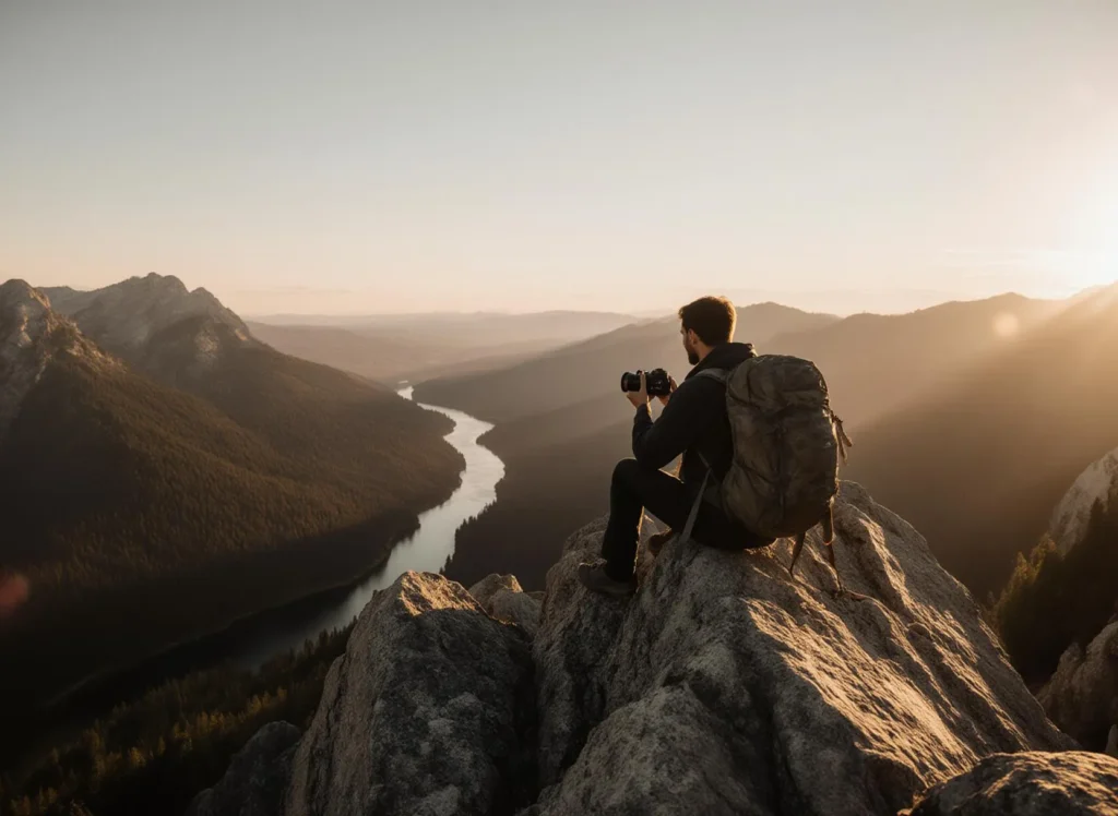 Fotograf på berg, solnedgång och flodutsikt