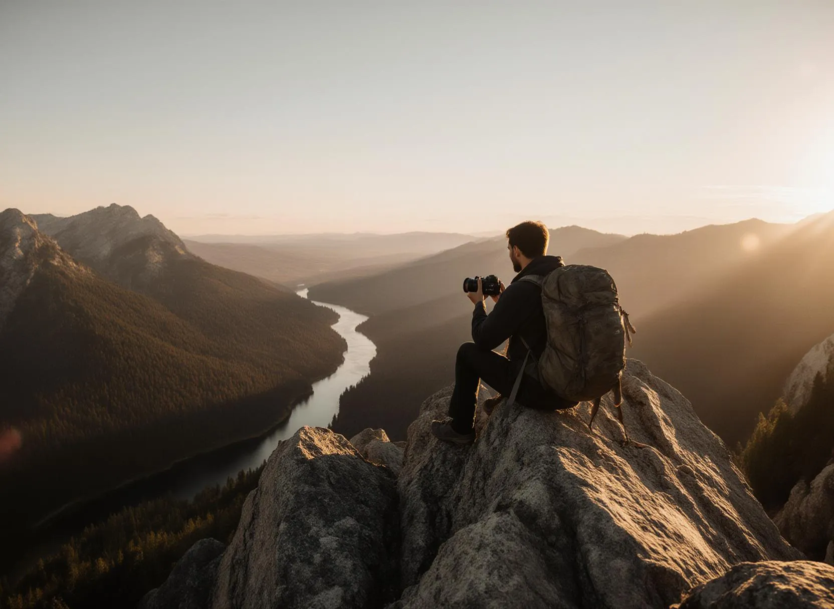 Fotograf på berg, solnedgång och flodutsikt