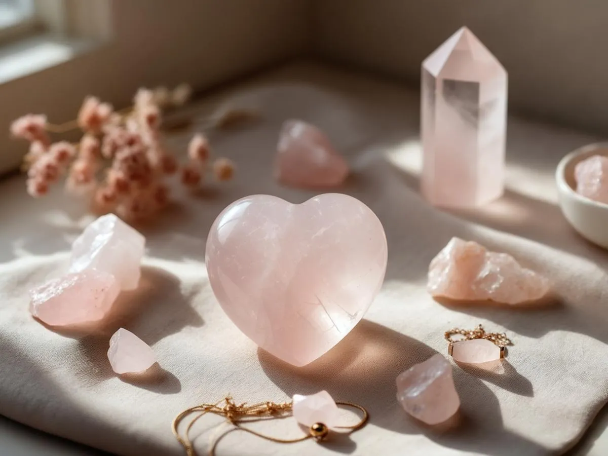 Rosenkvarts kristaller i olika former och storlekar.