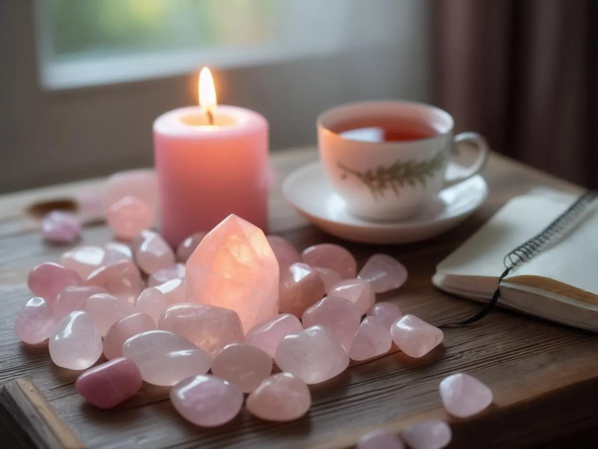 Ljus, rosakvarts, te och anteckningar på bordet.