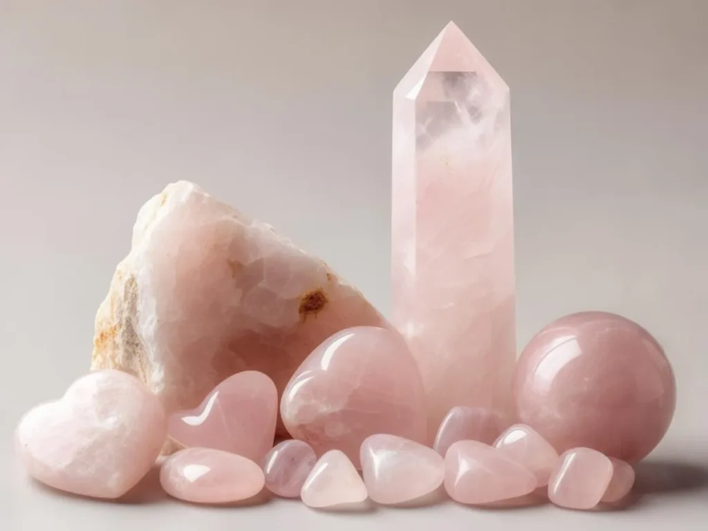 Rosa kvarts kristaller i olika former.