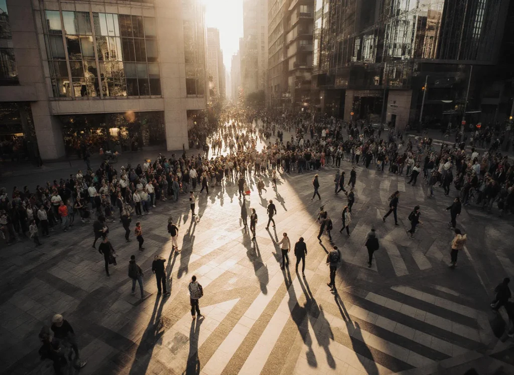 Stadsmänniskor på övergångsställe i solnedgång