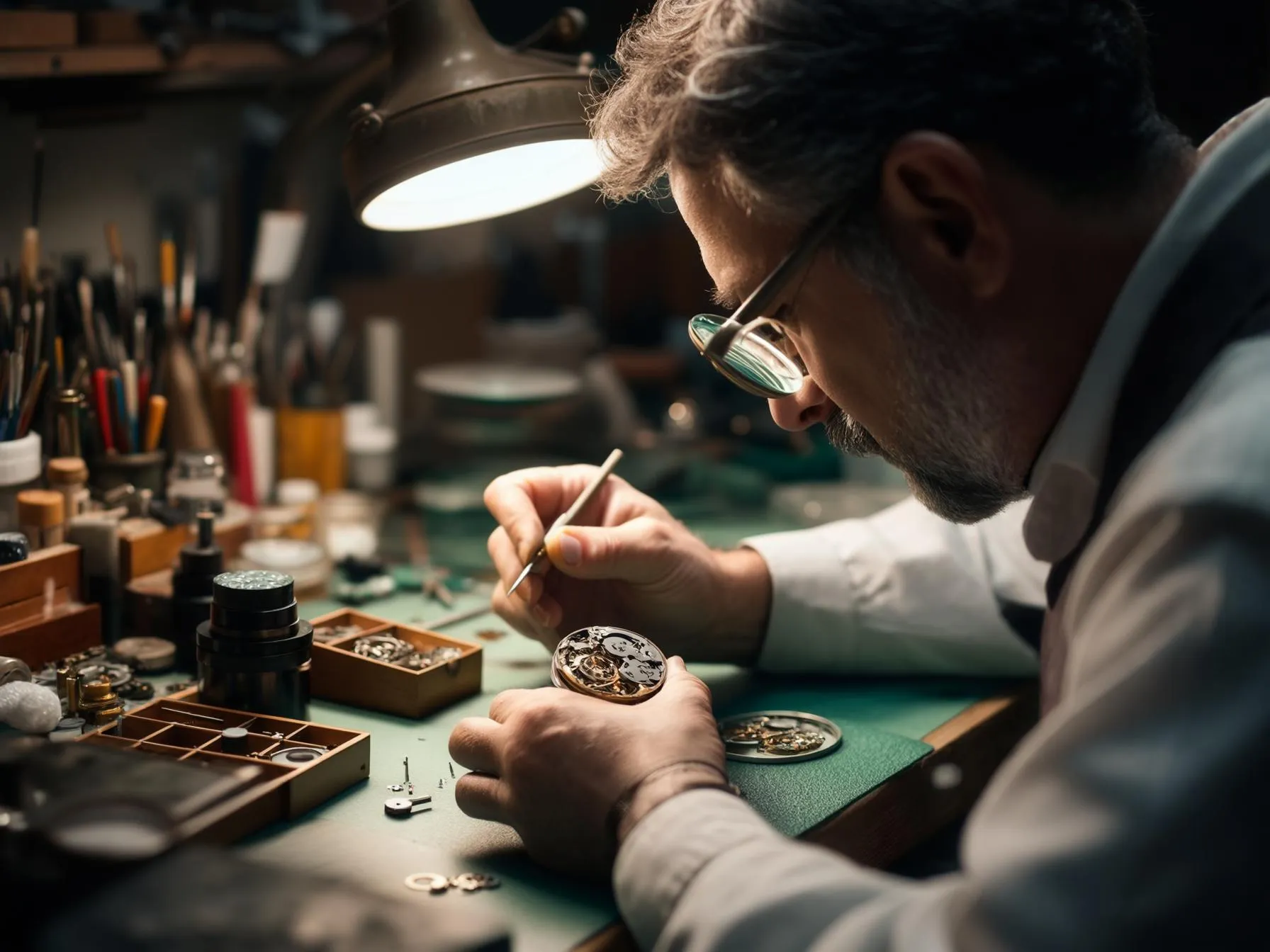 Urmakare reparerar vintageklocka vid arbetsstation.