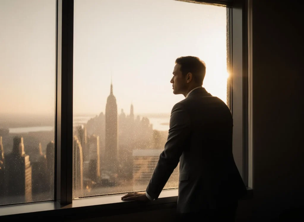 Man i kostym vid fönster med stadsvy